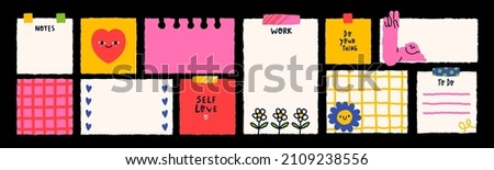 Various Paper notes on stickers. Information board with blank Paper sticky notes for reminders, to do list, planner, schedule. Hand drawn Vector illustration. Cartoon style. All elements are isolated