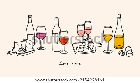 Various bottles and glasses of sweet and dry Wine. Red, white, rose wine, wooden plates with cheese, fruits, sweets. Traditional wine snacks. Hand drawn Vector illustration. All elements are isolated