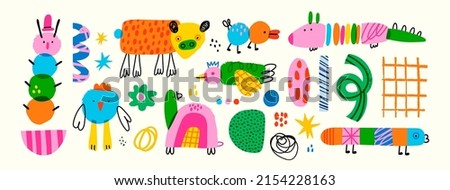 Various quirky creatures and doodle objects. Abstract monsters or fantastic animals. Childish style. Cute characters. Colorful trendy Vector set. Hand drawn illustration. All elements are isolated