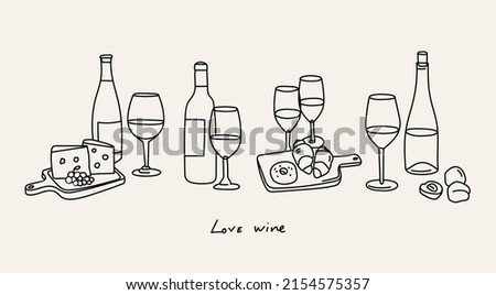 Bottles and glasses of sweet and dry Wine. Wine, wooden plates with cheese, fruits, croissant. Traditional wine snacks. Hand drawn outline Vector illustration. All elements are isolated