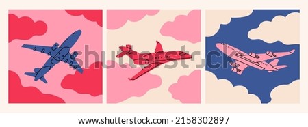 Airplane flying in the cloudy sky. Pink, blue colors. Passenger plane. Vacation, fast travel, transportation concept. Hand drawn Vector illustrations. Set of three cards. Icon, logo, poster templates