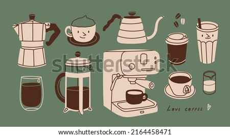 Coffee brewing equipment. Set of isolated coffee elements. French press, coffee machine, mug, cup, milk pitcher, kettle. Collection for menu, coffee shop. Hand drawn modern Vector illustration