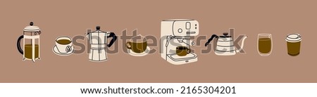Isolated Coffee icons set. French press, coffee machine, mug, cup, milk pitcher, kettle. Collection for menu, coffee shop. Coffee brewing concept. Hand drawn modern Vector illustration