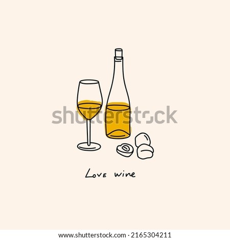 Bottle and glass of sweet or dry Wine. White wine, fruits. Traditional wine snacks. Hand drawn modern Vector illustration. Logo, icon, menu design template