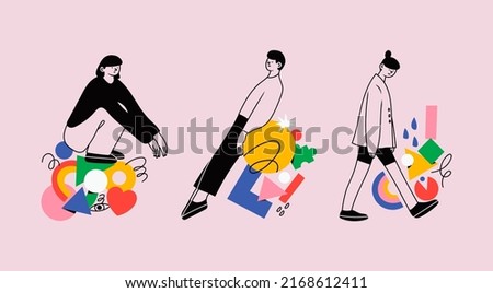 People in different poses and various geometric shapes. Outline characters, colorful abstract figures. Different mood, positions. Hand drawn Vector illustration. Person sitting, lying, walking