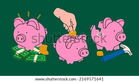 Piggy bank set. Piggy on a stack of money, hand putting coin into piggy bank, broken pig. Earning money, savings, investment, business advertising concept. Hand drawn isolated Vector illustrations