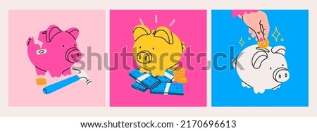 Piggy bank set. Piggy on a stack of money, hand putting coin into piggy bank, broken pig. Earning money, savings, investment, business advertising concept. Hand drawn isolated Vector illustrations