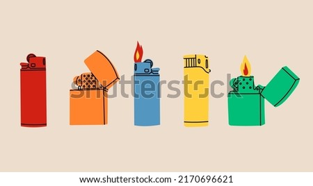 Set of various Lighters. Metal and plastic cigarette lighters. With and without fire or flame. Side view. Colorful smoking equipment. Hand drawn modern isolated Vector illustrations. Design templates