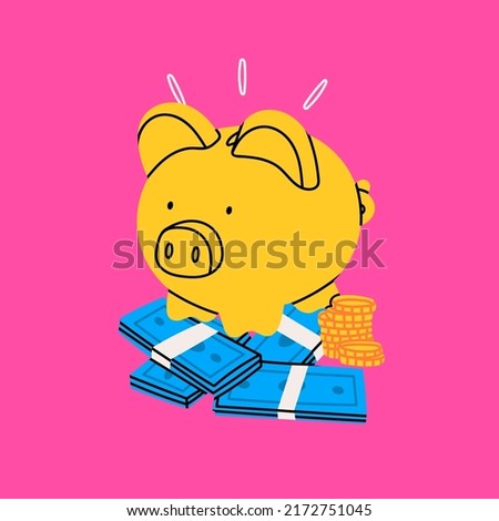 Piggy bank. Piggy on a stack of money, coins. Earning money, savings, investment, business advertising concept. Hand drawn bright isolated modern Vector illustration