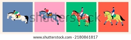 Jockey on racing Horse. Horseback riding, hippodrome racing, equestrian sport concept. Hand drawn colorful isolated Vector illustrations. Cartoon style, flat design. Logo, poster, icon design template