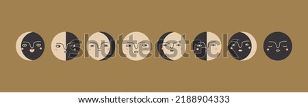 Moon phases. Crescent and full moon with faces. Hand drawn modern Vector illustration. Esoteric, occult, astrology, alchemy, boho, magic concept. Round icons. All elements are isolated