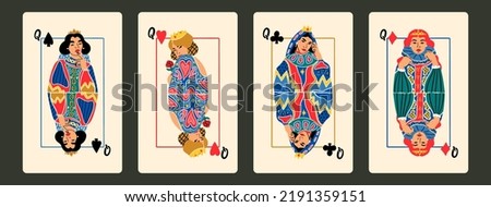 Queens of diamonds, clubs, hearts, spades. Playing cards. Gambling, poker concept. Cartoon style. Hand drawn modern Vector illustration. Poster, t-shirt print, logo, tattoo idea, deck design templates