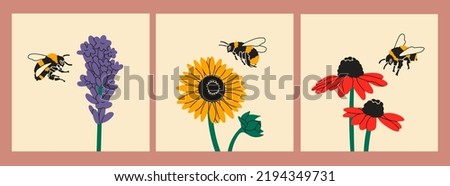 Puffy bumblebees or Bees flying near various flowers. Bee collects pollen. Spring, summer, nature concept. Set of three hand drawn modern Vector illustrations. Logo, print, design template