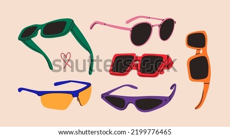 Various Sunglasses. Different shapes, colors. Plastic, metal frame. Hand drawn modern Vector illustration. Design elements set. Isolated objects. Summer fashion accessories, sun protection concept