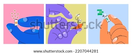 Giant hands holding tiny laptop and smartphone. Communication, mailing, chatting, social media addiction concept. Hand drawn trendy Vector illustration. Cartoon style. Banner, website design templates Сток-фото © 