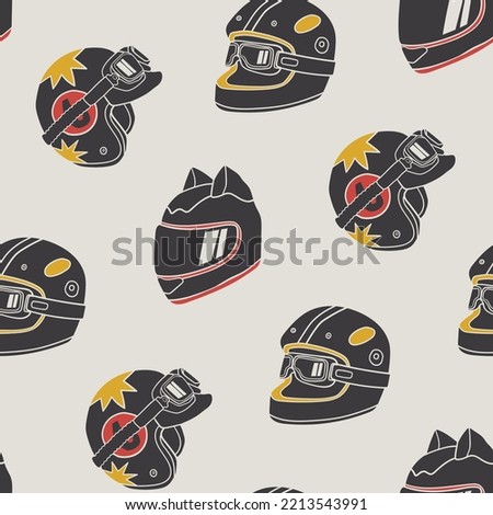 Various motorcycle or scooter Helmets. Crash helmet with googles, visor, ears, windshield. Hand drawn modern Vector illustration. Head protection concept. Square seamless Pattern