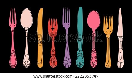 Fancy Cutlery set with table knife, spoon, fork, fish spoon. Various shapes. Bright colors, abstract style. Restaurant, dinner concept. Hand drawn modern Vector illustration. All elements are isolated