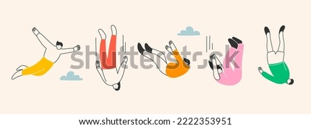 Various falling people. Diverse male and female characters. Hand drawn modern Vector illustration. Flying or falling down abstract people set. Cartoon colorful style. All elements are isolated