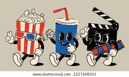 Popcorn, soda drink, clapperboard. Cute cartoon characters with hands, legs, eyes. Retro comic style. Cinema, movie theater, cinematography, movie watching concept. Hand drawn Vector illustration