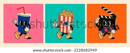 Popcorn, soda drink, clapperboard. Cute cartoon characters with hands, legs, eyes. Bright comic style. Cinema, movie theater, cinematography, movie watching concept. Hand drawn Vector illustration