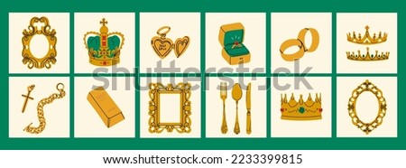 Big Golden set. Precious jewelry concept. Gold bar, heart shaped locket, frame, wedding rings, crown, golden chain, cross, spoon. Hand drawn modern Vector illustration. Isolated icons
