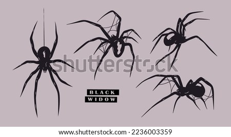Black Widow spider set. Various positions. Every spider is isolated. Deadly venomous spider. Hand drawn Vector illustration. Logo, icon, tattoo idea, halloween decoration, design elements template