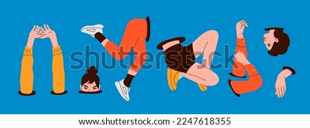 Human parts stick out from the hole, portal hatch or loop. Legs, hands, head, arm. Divided female human body. Teleport, fashion concept. Hand drawn trendy Vector illustration. Isolated design elements