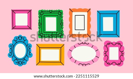 Set of various decorative Frames or Borders. Different shapes. Photo or mirror frames. Vintage design. Elegant, modern flat style. Hand drawn trendy Vector illustration. All elements are isolated