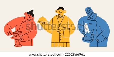 Confectioner or baker, Waiter, Chef. Cute cartoon characters. Hand drawn isolated Vector illustrations. Restaurant staff, service, professional kitchen, baking, cooking class concept