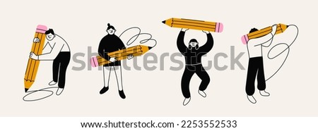 Various people with a large Pencil. Young person holding pencil. Cute funny isolated characters. Cartoon style. Hand drawn Vector illustration. Drawing, writing, creating, design, blogging concept ストックフォト © 
