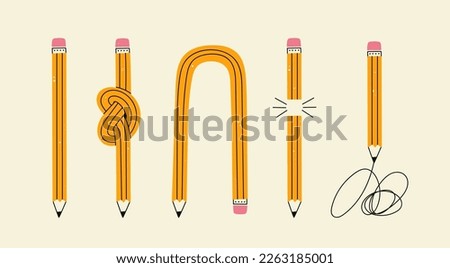 Set of yellow Pencils in various conditions. Straight, bended, knotted, broken and short pencil. Back to school, teacher's day concept. Design templates. Hand drawn Vector illustration