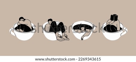 Set of various young People sitting in the big giant Cups in different positions. Funny characters. Cartoon comic style. Hand drawn monochrome trendy Vector illustration. Isolated design elements