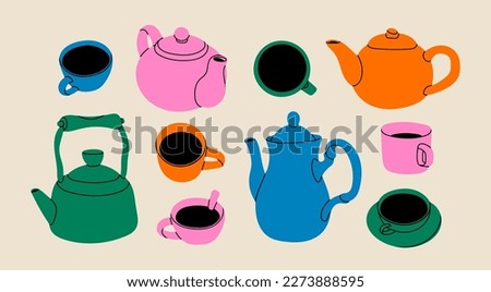 Set of various cups, mugs and teapots with fresh hot tea. Hand drawn colorful Vector illustration. Isolated design elements. Natural tasty drink, tea party, ceremony, hot healthy beverage concept