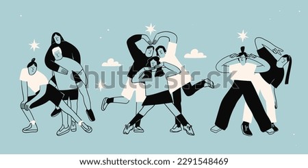 Set of three Groups of happy People. Friends or coworkers are standing, posing together, looking at camera. Cartoon characters. Community, friendship, teamwork concept. Hand drawn Vector illustration