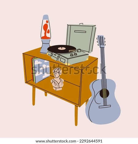 Vinyl record player, records, lava lamp, guitar, wooden commode. Hand drawn Vector isolated illustration. Home decor, retro style apartment, music, audio device, interior composition, coziness concept