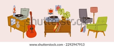 Vinyl record player, records, lava lamp, guitar, furniture. Hand drawn Vector isolated illustrations. Home decor, retro style apartment, music, audio device, interior composition, coziness concept