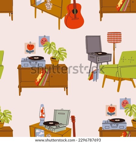 Vinyl record player, records, lava lamp, guitar, furniture. Hand drawn Vector illustration. Home decor, retro style apartment, interior composition, coziness concept. Square seamless Pattern