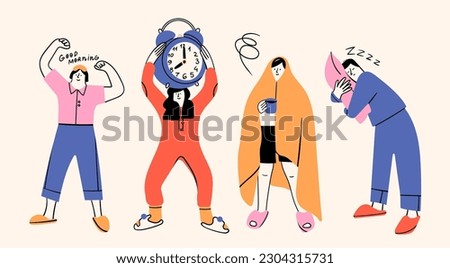 Set of people in pajamas with sleep mask, pillow, cup of coffee, blanket and big alarm clock. Cute cartoon characters. Hand drawn Vector isolated illustrations. Morning, wake up concept