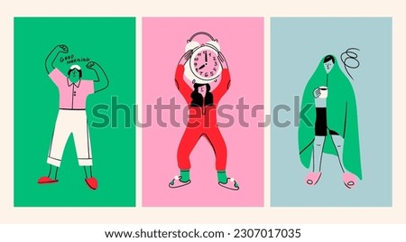 Set of people in pajamas with sleep mask, cup of coffee, blanket and big alarm clock. Cute cartoon characters. Hand drawn Vector illustration. Isolated elements. Morning, waking up concept