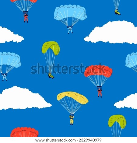 Skydivers flying with parachutes. Set of tiny cute characters. Hand drawn colorful illustration. Paragliding, skydiving, parachute jump, extreme sport, activities concept. Square seamless Pattern