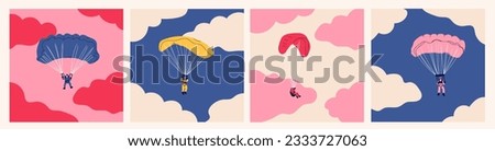 Skydivers flying with parachutes. Set of tiny cute characters. Hand drawn colorful illustration. Isolated design elements. Paragliding, skydiving, parachute jump, extreme sport, activities concept