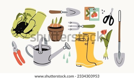 Set of various garden items. Gardening Tools. Gloves with seedling, flower pot, tulip, shears, scissors, shovel, rubber boots, watering can, seeds. Hand drawn Vector illustration. Horticulture concept