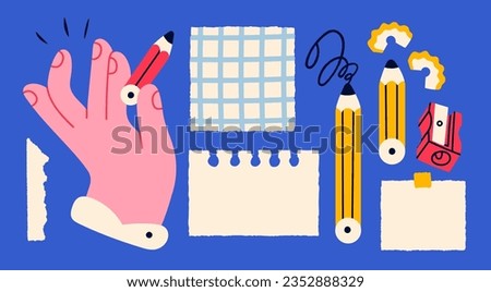 Hand holding pencil, sharpener, checked paper, blank paper, sticky note. Reminder, office, planner concept. Hand drawn Vector illustration. Cartoon style. Isolated elements. Design templates