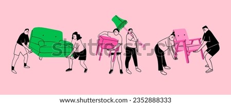 People with various furniture set. Movers carrying sofa, armchair, commode, floor lamp. Cute isolated characters. Cartoon style. Hand drawn Vector illustration. Relocation, moving, permutation concept