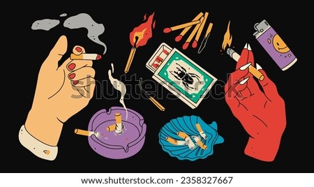 Various smoking accessories. Hand with cigarette, demonic red hand, matches box, ashtray. Hand drawn Vector illustration. Isolated design templates. Smoking tools, bad habit, addiction concept