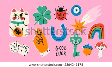 Maneki Neko, horseshoe, clover, acorn, evil eye, star, dice, fig, key, mushroom, ladybug. Talisman, amulet, good luck symbol, fortune, success, prosperity concept. Hand drawn Vector isolated elements