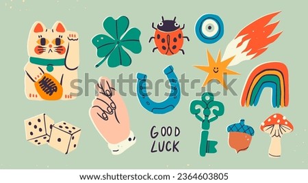 Maneki Neko, horseshoe, clover, acorn, evil eye, star, dice, fig, key, mushroom, rainbow. Talisman, amulet, good luck symbol, fortune, success, prosperity concept. Hand drawn Vector isolated elements