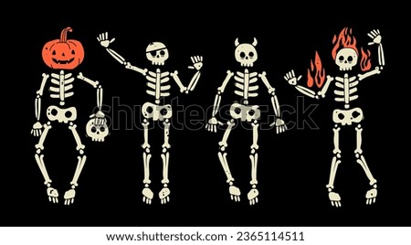 Set of various Skeleton. Human skeletons with pumpkin head, eyepatch, horns and flame. Hand drawn modern Vector illustration. Isolated design templates. Cute creepy characters. Halloween concept