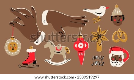 Various Festive Christmas toys. Different tree decorations. Hand holding toy, bird, elf, ice skate, pretzel, rocking horse, star, santa mug. Hand drawn Vector illustration. Isolated design elements