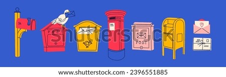 Mailboxes, Postal letterboxes set. Different postboxes, envelope with mail, pigeon, postcard. Hand drawn modern Vector illustration. Isolated design elements. Delivery, message, communication concept